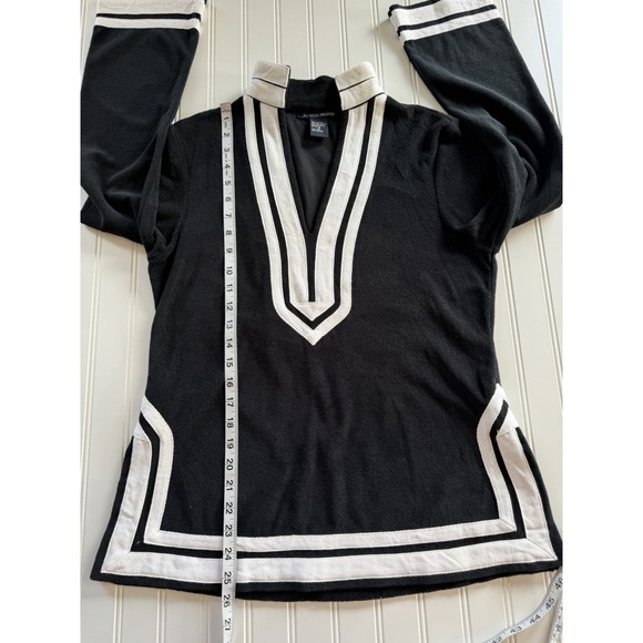 Boston Proper Womens Terry Cloth Tunic Top M Black White Trim V Neck Long Sleeve - Picture 6 of 8